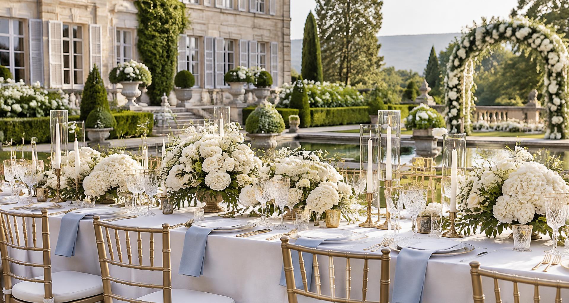Luxury garden reception with gold chairs, white florals and soft blue linens